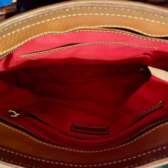 Dooney & Bourke Brown Tan Camel Natural Leather Satchel Purse Bag Red Lining Key - Picture 12 of 14